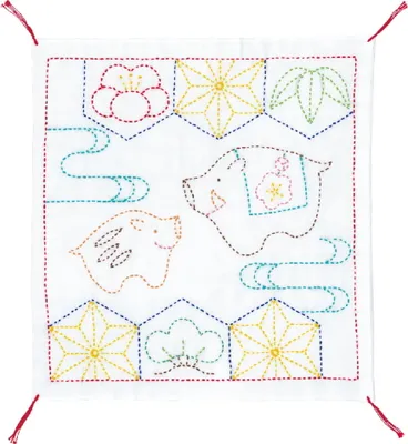 Immagine prodotto di Confezione da ricamo Olympus Sashiko "Hana Fukin cinghiali, prugne, bambù, pini", tessuto stampato, 34x34cm, originale dal Giappone
