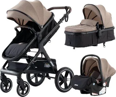 Obrázok produktu pre Trojkolesový kočík – prechádzkový kočík – autosedačka – detský kočík – skladací – khaki a čierny – 0–36 mesiacov