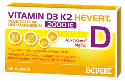 Obrázok produktu pre Vitamín D3 K2 Hevert plus, vápnik a magnézium, 2000 IU, 60 kapsúl