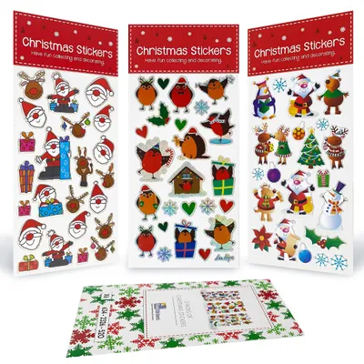 3 Weihnachts-Stickerbögen – Weihnachtsmann, Rentier, Schneemänner