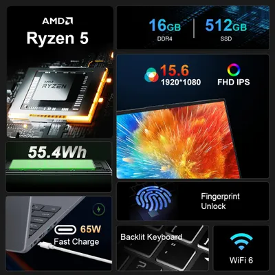 Zdjęcie produktu dla Laptop 15.6 cala, wyświetlacz FHD IPS - procesor AMD Ryzen 5 5500U - 16 GB pamięci RAM - dysk SSD 512 GB - system Windows 11