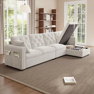 Produktbild von MODFU L-förmiger Ecksofa mit Armlehne und Stauraum,Polstermöbel Loungesofa mit Magazintaschen und Rückenlehne mit Knopfheftung,Beige
