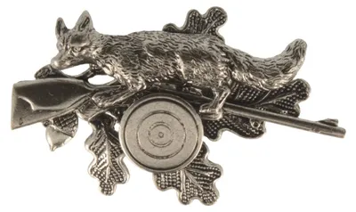 Anstecker Eichenblatt mit Fuchs, Gewehr und Schützenscheibe von Hut-Breiter