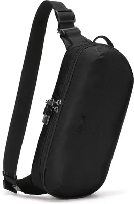 A black sling bag is shown against a white background.