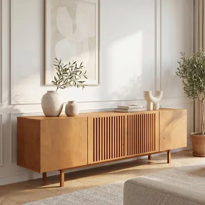 Produktbild von Lowboard LINN, 180 cm aus Massivholz, Eiche Finish - TV Lowboard mit Lamellentüren, TV Schrank aus Kiefernholz, Sideboard für Wohnzimmer und Flur, niedrige Kommode mit Stauraum.