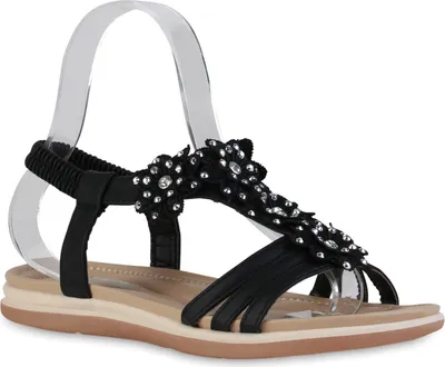 Produktbild von VAN HILL Damen Riemchensandalen Sandalen Spitze Blumen Strass Sommer Schuhe 838482, Farbe: Schwarz, Größe: 37