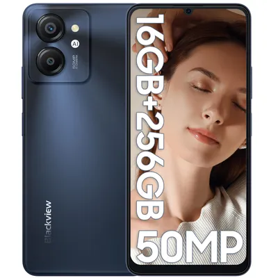 A smartphone is shown with a woman's face overlaid on the screen, and text highlighting specifications.