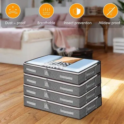 Produktbild von Famanu Aufbewahrungsboxen für unter das Bett - Set von 4 - Kissen und Bettwäsche Aufbewahrungstaschen mit Deckeln