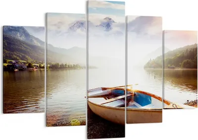 Produktbild von Bild auf Leinwand - Leinwandbild - Berge See Boot - 150x100cm - Wand Bild - Wanddeko - Wandbilder - Leinwanddruck - Bilder - Kunstdruck - Wanddekoration - Leinwand bilder - Wandkunst - EA150x100-3927