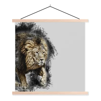 Produktbild von MuchoWow® Textilposter Löwe - Farbe - Schwarz - Weiß 120x120 cm mit holzfarbenen Rahmen - Textil-Poster