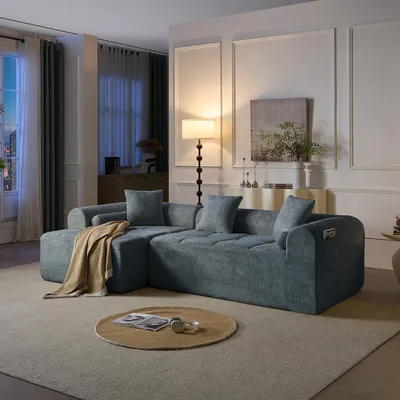 Image de Canapé d'angle de 263 cm, en velours, compressé et emballé sous vide, confortable et polyvalent (bleu)