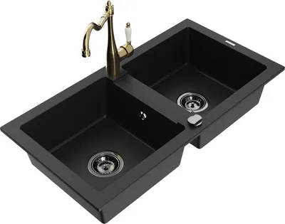 Produktbild von Mexen Mario 2-Becken-Granitspüle mit Mischbatterie Carla, Schwarz - 6504-77-670700-50-B