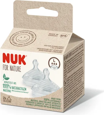 A product box containing two NUK For Nature silicone pacifier nipples.