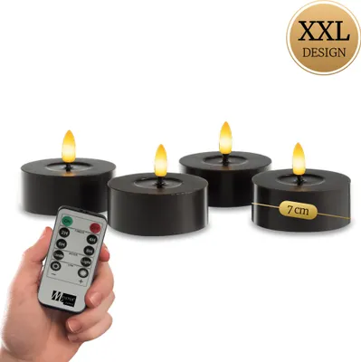 Produktbild von Meisterhome® XXL LED Teelichter 4er-Set – Flammenlose Kerzen aus echtem Wachs – Ø 7 cm, Höhe 3 cm – Warmweißes flackerndes Licht – Mit Timer & Fernbedienung – Batteriebetrieben, Farbe:Schwarz