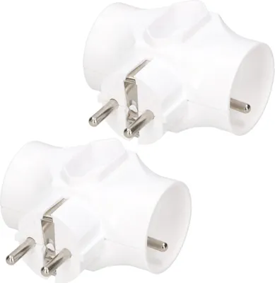 Two white electrical adapters are shown against a white background.