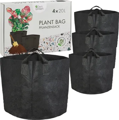 A product shot showing a box of plant bags and several plant bags.