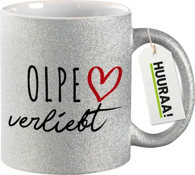 Produktbild von Huuraa Glitzertasse Olpe verliebt 330ml Silber Keramik Kaffeebecher Geschenkidee