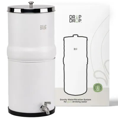 Schwerkraft-Wasserfilter 8,5 L mit 2 Kohlefiltern, Edelstahlhahn, Weiß