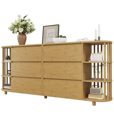 Obrázek produktu pro Komoda 160 cm dub, římský design se sloupky a bambusovými policemi, 6 zásuvek a otevřených polic, výškově nastavitelné nožičky, V75/B160/T40 cm