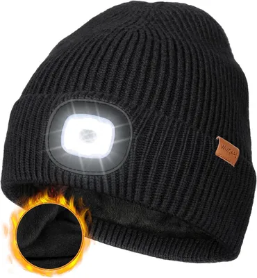 Produktbild von Mütze mit LED-Beleuchtung – Wintermütze mit warmer Innenfütterung – USB-C aufladbar – Stirnlampe für freie Hände