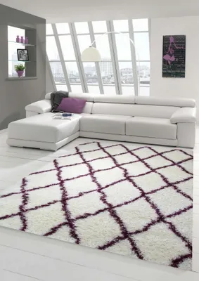 Obrázok produktu pre Kusový koberec do obývačky s vysokým vlasom a dlhým vlasom s diamantovým vzorom v krémovo fialovej farbe rozmer - 80x150 cm