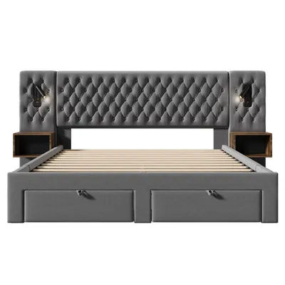 Produktbild von Flieks Polsterbett 160x200cm mit USB und Leselampe, Doppelbett Stauraumbett mit Nachttisch und 4 Schubladen, Holzbett Funktionsbett, Samt, Grau
