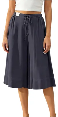 Obrázek produktu pro ASKSA Dámské lněné kalhoty 3/4 s širokými nohavicemi, model Capri, letní, palazzo, elegantní, volnočasové, lehké, kalhoty do volného času s kapsami (tmavě šedé, velikost L)