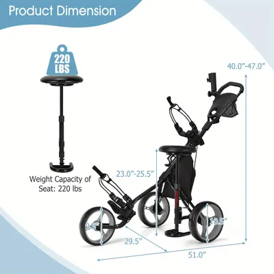 Obrázok produktu pre Golfový vozík - Golfový vozík s tromi kolesami - Golfový vozík na tlačenie - Golfový vozík - Golfový buggy - Nastaviteľné sedadlo a rukoväť