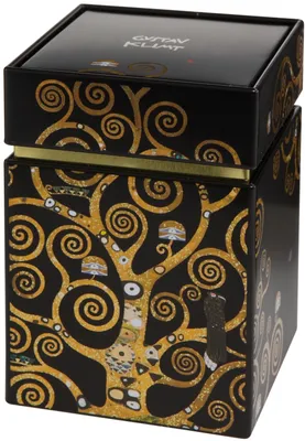 A square tin box with a lid, decorated with a gold tree of life pattern on a black background. The lid also has a gold design and text.