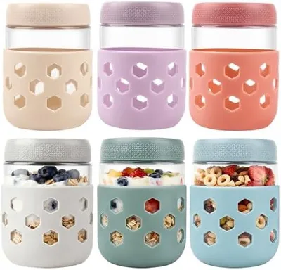 Produktbild von Overnight Oats Gläser mit Deckel und Silikonhülle,500ml 6 Stück Meal Prep Gläser,Pastellfarben Vorratsgläser für Meal Prep Hausgemachte Marmelade, Einmachen, Mason Jar, Sauertei