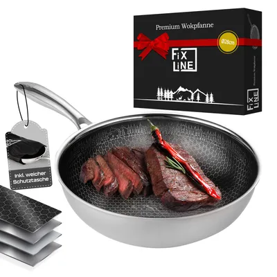 Produktbild von FIXLINE® Wokpfanne 28cm Black Forest Design - Natürliche & Kratzfeste Beschichtung - alle Herdarten inkl. Induktion - Backofengeeignet bis 230°C