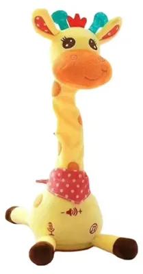 Gelbes Plüsch-Giraffenspielzeug mit orangefarbener Schnauze, roten und blauen Hörnern und einem roten Tupfentuch um den Hals