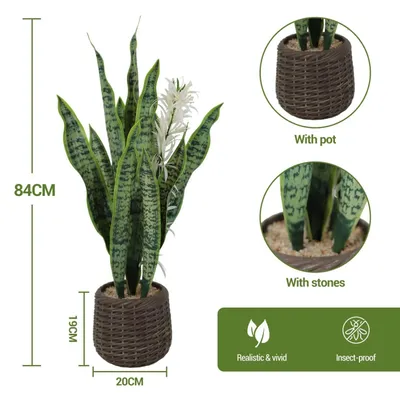 Immagine prodotto di Sansevieria artificiale in vaso - Pianta da terra di 84 cm - Foglie in plastica molto realistiche - Decorazione d'interni di facile manutenzione per la casa e l'ufficio - Vaso da fiori marrone