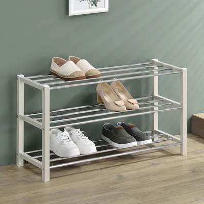 Produktbild von Schuhregal DUBLIN mit 3 Ablagen in beige - Robuste Schuhablage mit Metallrahmen, edel verchromt. Ideal für Flur und Diele.