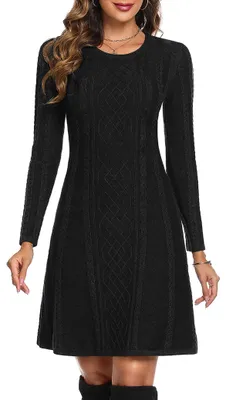 Productafbeelding van Aottori Pulloverjurk voor dames, herfstcollectie, gebreide jurk, lange mouwen, zwart, maat S