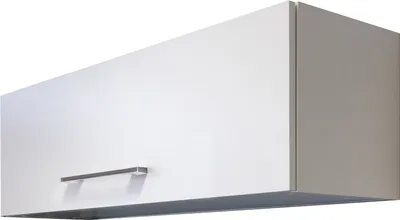 A white kitchen cabinet with a silver handle.