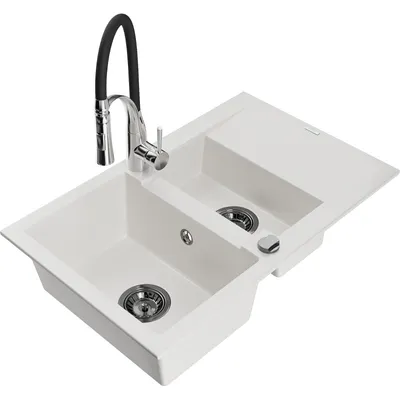 Obrázek produktu pro Mexen Gaspar 1,5-miskový granitový dřez s odkapávačem a kuchyňskou baterií Aster, Bílá - 6507-20-73450-07-B