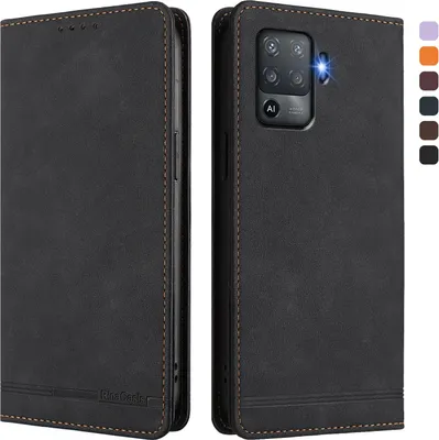 Image de Etui pour Oppo F19 Pro, étui rétro en cuirPolyuréthaneavec support et fentes pour cartes de crédit Noir