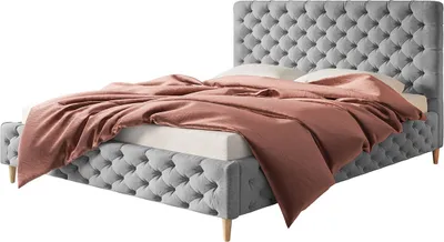 Produktbild von Polsterbett LUX MIAMI mit Kopfteil, 120 x 200 cm, Doppelbett mit Lattenrost aus Holz, Velourstoff Grau, Füße in Farbe: Braun
