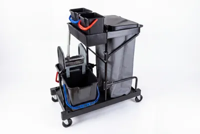 Produktbild von Hypafol Reinigungswagen 2 x 25 L | Wischwagen mit Mopp-Presse & Ablage | Schwarz | Doppelkammer-System | Profi-Reinigungswagen