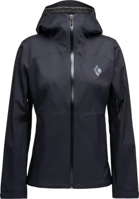 Schwarze Hardshelljacke für Damen von Black Diamond; Modell Women"s Fineline Stretch Shell; mit Kapuze und Reißverschlusstaschen.