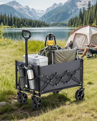 Produktbild von SONGMICS Handwagen faltbar, Bollerwagen, Gartenwagen, kompakt, mit Griff, mit 4 verstärkten Rollen, davon 2 Universalräder, bis 150 kg belastbar