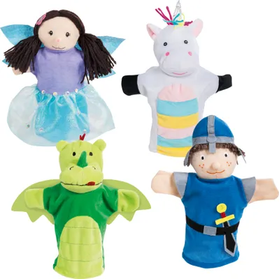Productafbeelding van Set of 4 hand puppets - ROBA - Enchanting Fairy, Plush Unicorn, Dragon and Proud Knight - Green / Blue / Turquoise