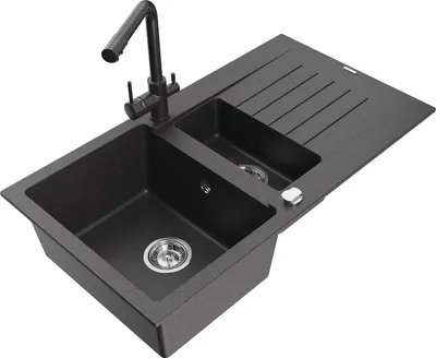 Produktbild von Mexen Matias 1,5-Becken-Granitspüle mit Abtropffläche und Mischbatterie Duero, Schwarz gesprenkelt - 6502-76-671600-76