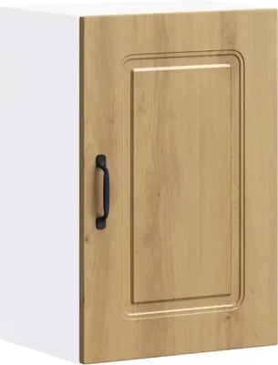 A single kitchen cabinet with a wooden door and a black handle against a white background.