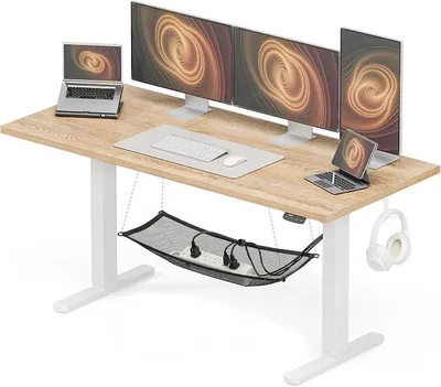 Imagen del producto de Escritorio de altura ajustable de 140x60 cm, mesa de ordenador estable con gestión de cables, escritorio eléctrico con función de memoria, capacidad de carga de 80 kg, escritorio de oficina, color marrón rústico claro