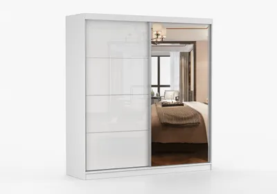Produktbild von Schwebetürenschrank OLA 35 203 cm Weiß mit Spiegel, Kleiderschrank Schlafzimmer, 2 Türen, 3 Schubladen