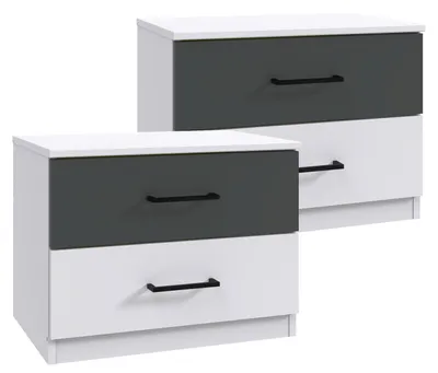 Productafbeelding van Set van 2 nachtkastjes, model Kreta, nachtkastje 52x38x40 cm, wit, grafietkleur