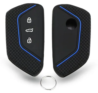 Immagine prodotto di Custodia in silicone per chiavi, compatibile con VW, Seat, Skoda, con 3 pulsanti, colore blu, con portachiavi
