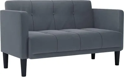 A dark gray two-seater sofa with tufted back cushions and dark legs, shown from the front.